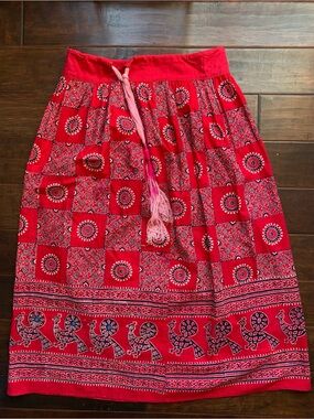 Vintage Red Indian Cotton Skirt Boho western Peacock Block Print
